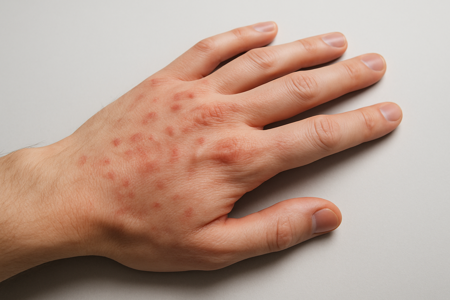 手の甲の赤い斑点（かゆくない）は紅斑という状態です