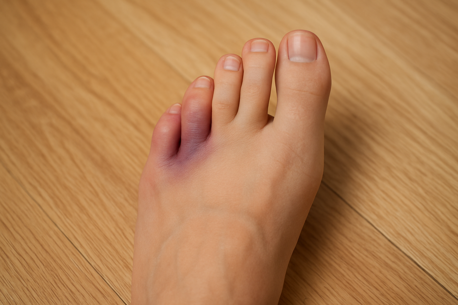 足の指をぶつけて紫になっても歩ける場合、主に打撲の可能性が高いですが骨折も否定できません